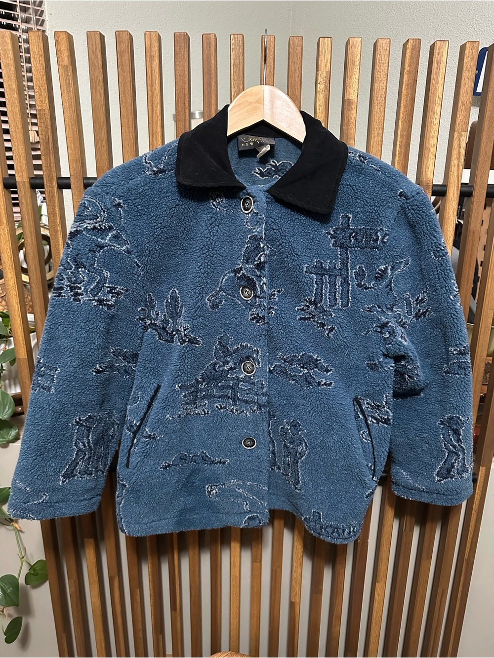 VTG 90s David Paul New York Western Cowboy Fleece Jacket Blue Black Collar S